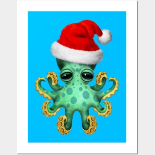 Green Baby Octopus Wearing a Santa Hat Posters and Art